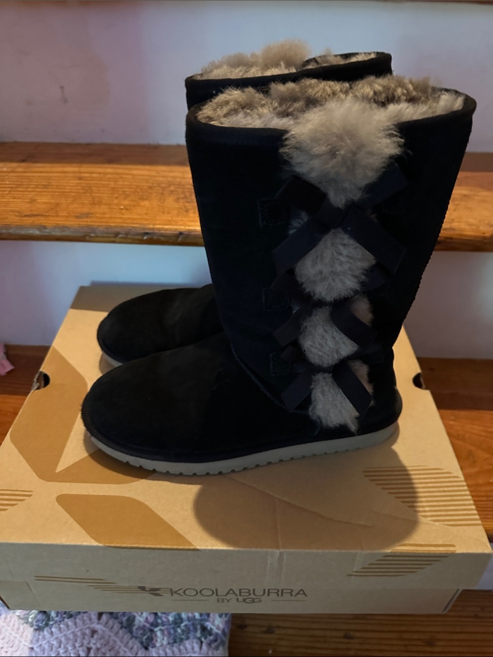 Koolaburra Black Mid-Calf Shearling-Trim Bow Boots